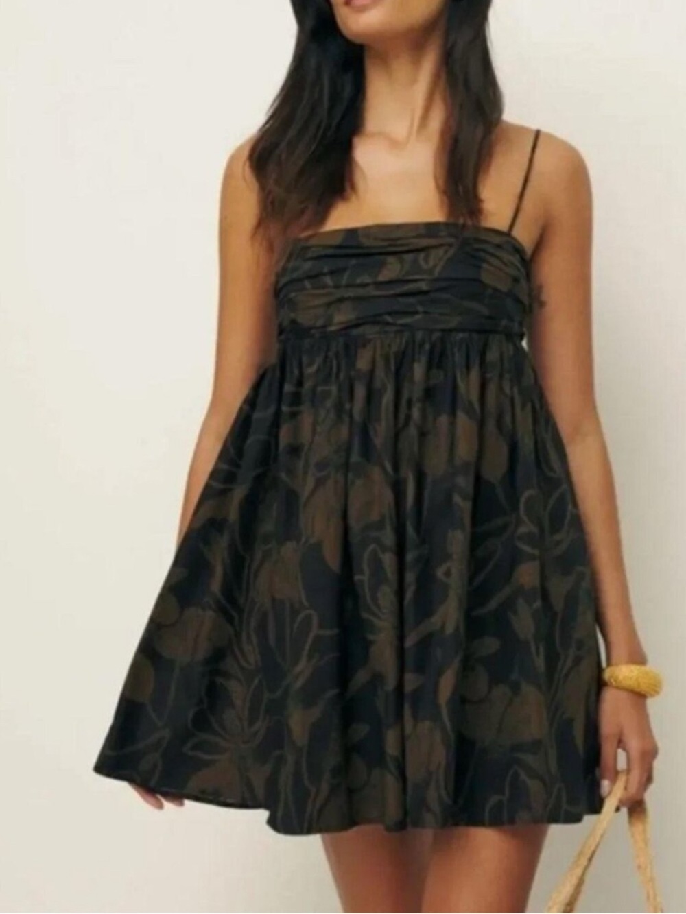 REFORMATION CATARINA DRESS | Black & Brown Floral Babydoll Spaghetti Straps